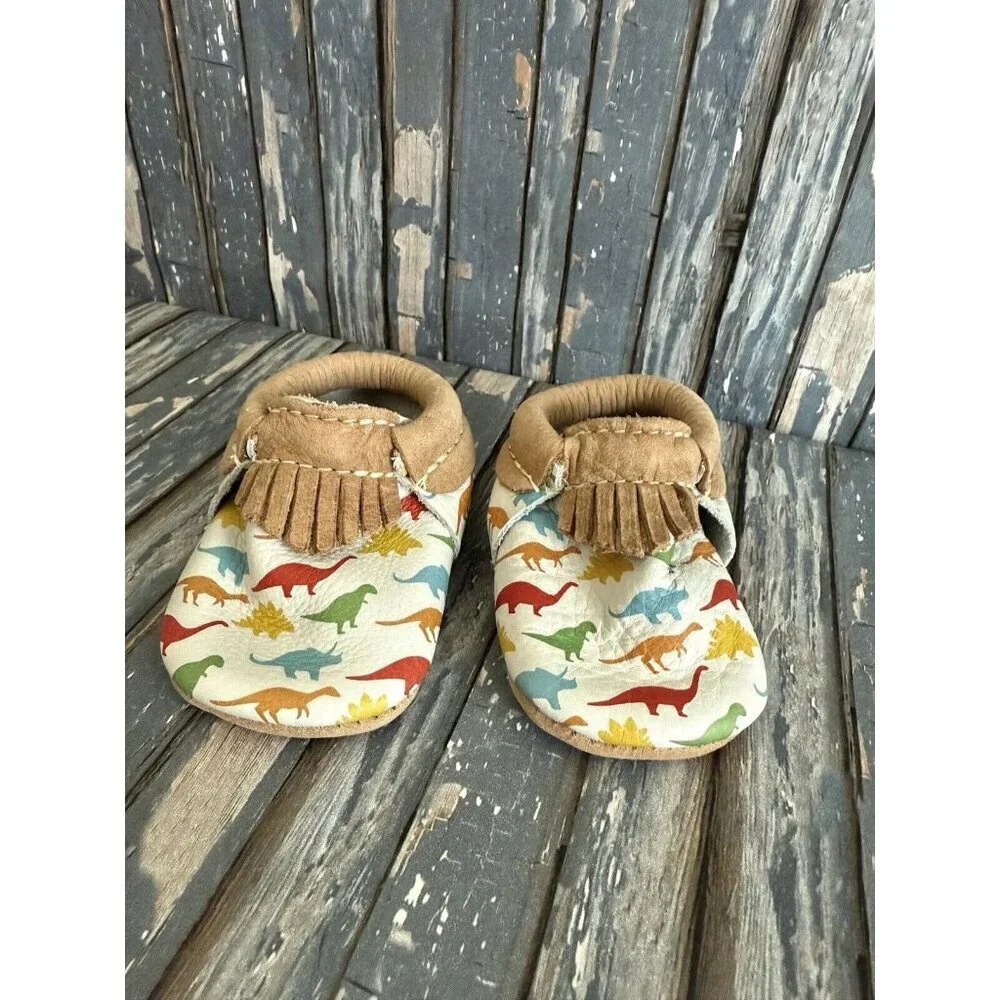 Freshly Picked Dino Soft Sole Baby Moccasin Shoes Leather USA sz 1 month